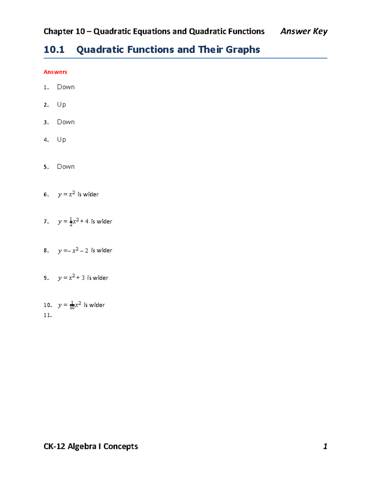 Answer Key for CK-12 Algebra I Chapter 10: Quadratic Functions - Studocu