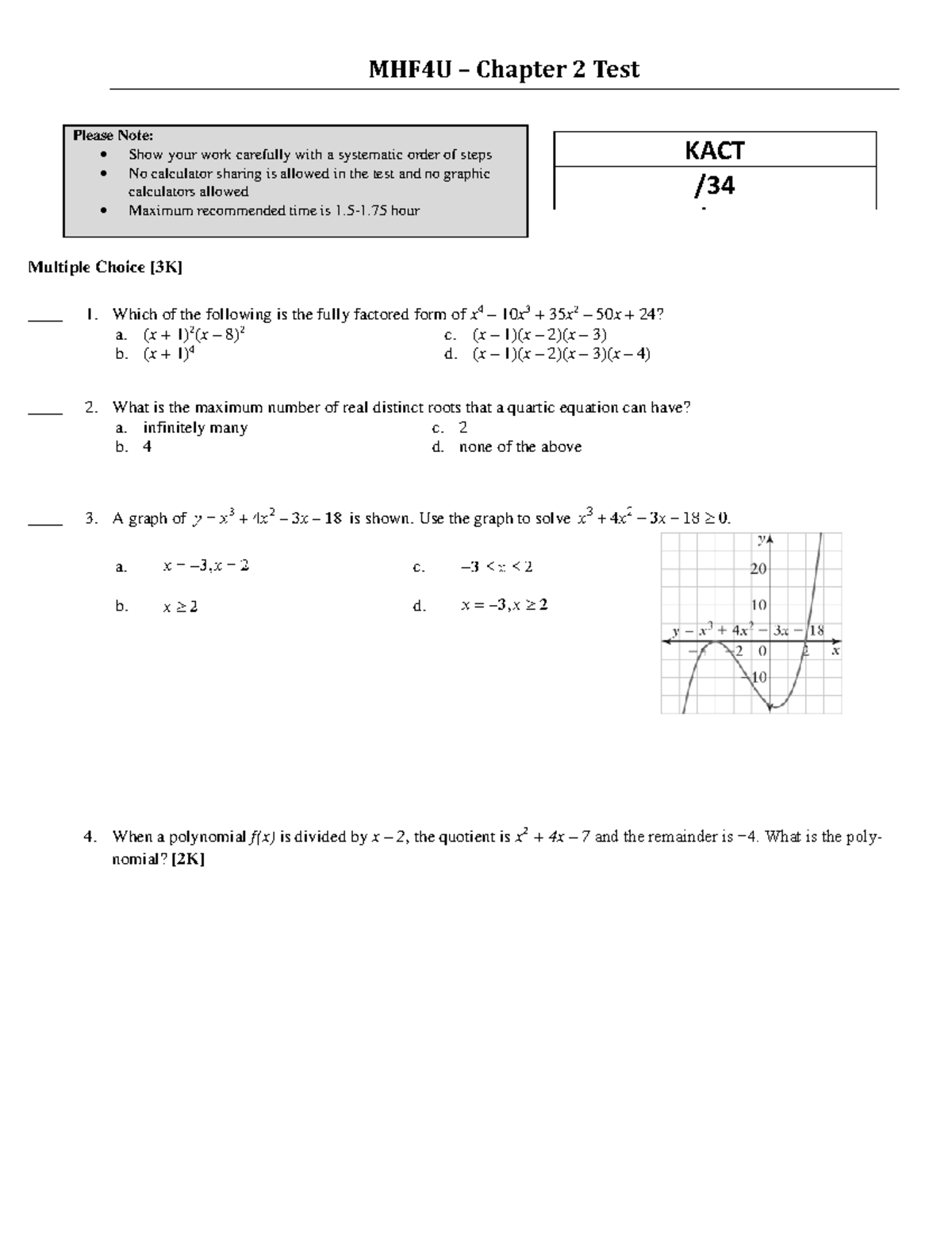 MHF4U Chapter 2 Test Assessment 2023: Key Problems & Solutions - Studocu