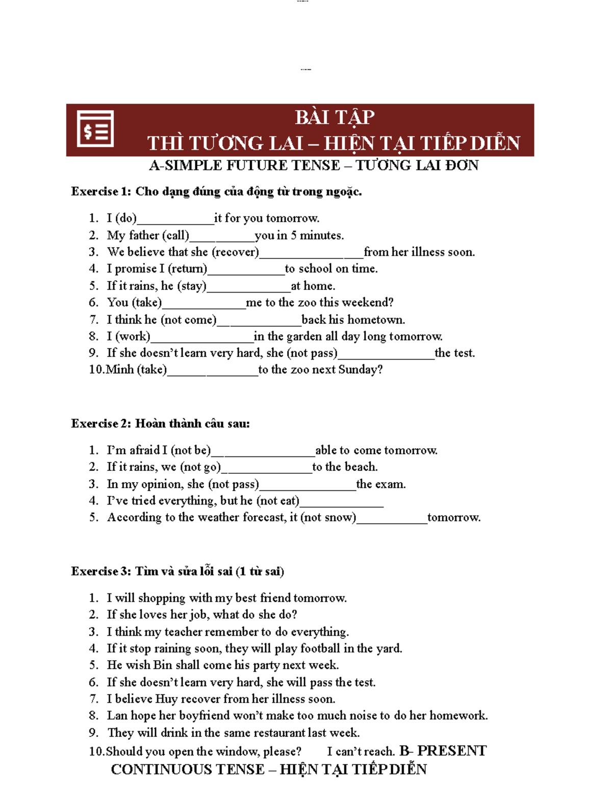 Bài Tập TLD HTTD: Thì Tương Lai và Hiện Tại Tiếp Diễn - Studocu