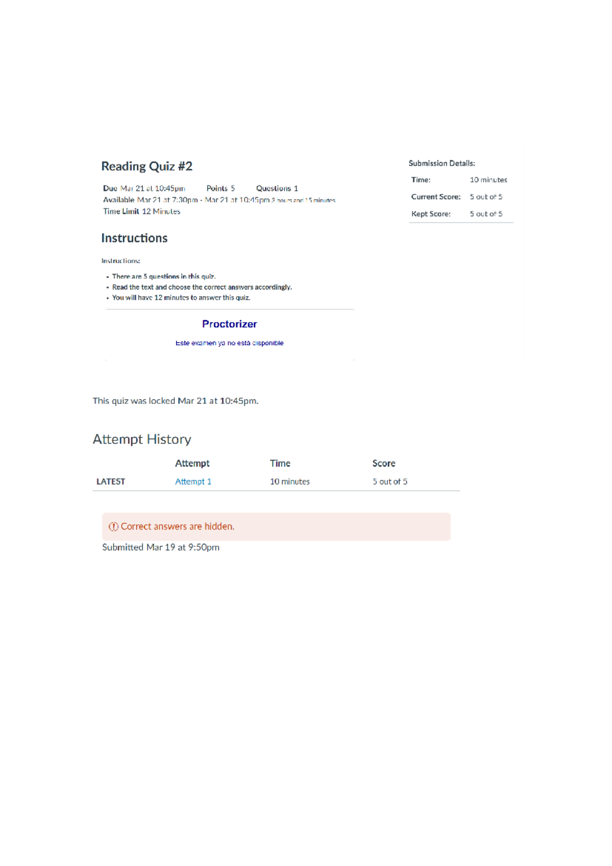 Reading Quiz 2 Avanzado 10 - Reading Quiz Submission Details: Time: 10 ...