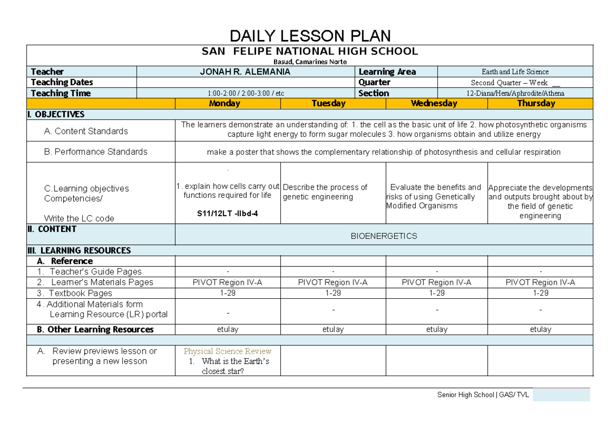 DAILY LESSON PLAN: EARTH & LIFE SCIENCE (SHS TVL) - WEEK 1-2 - Studocu