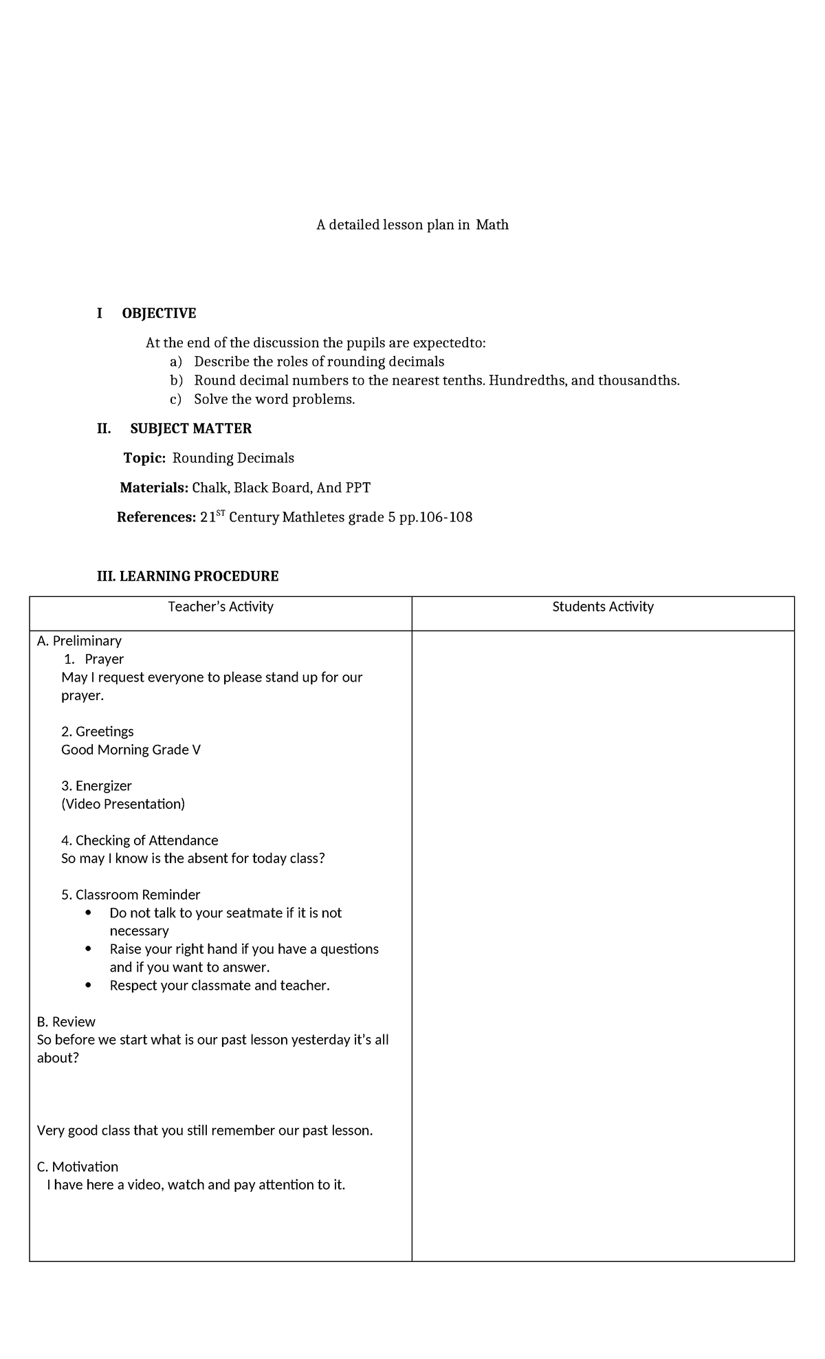 Math I Lesson Plan: Rounding Decimals for Grade V - Studocu