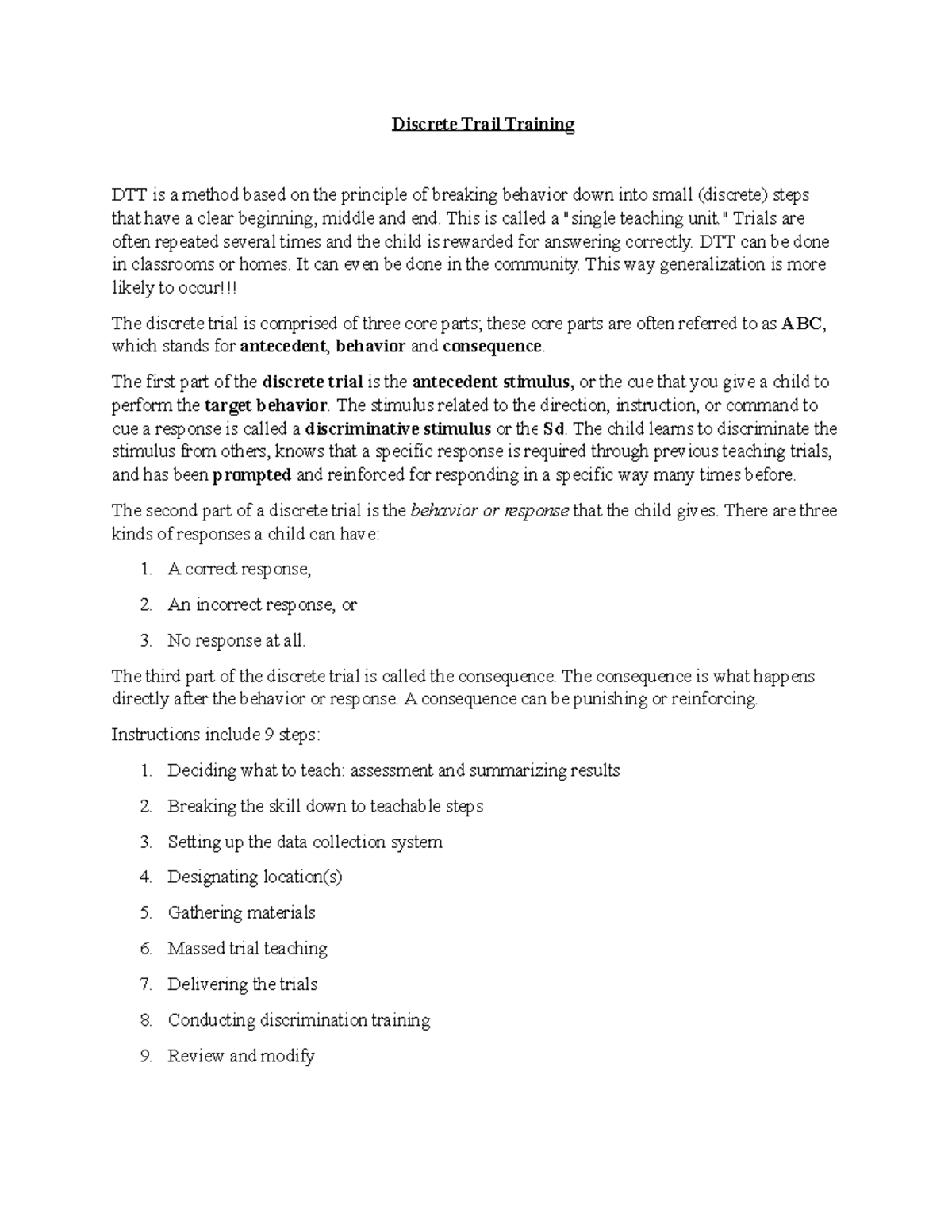 DTT Strategies - Discrete Trial Training Part 1: Overview & Steps - Studocu