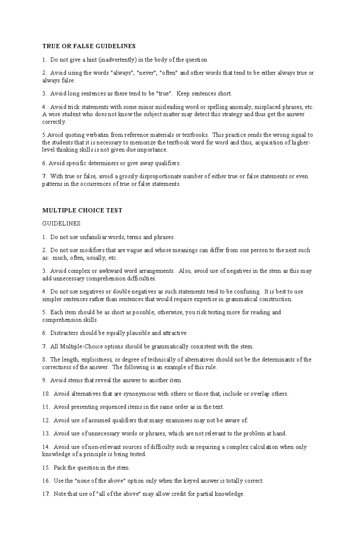 TRUE OR FALSE & MULTIPLE CHOICE TEST GUIDELINES - Studocu