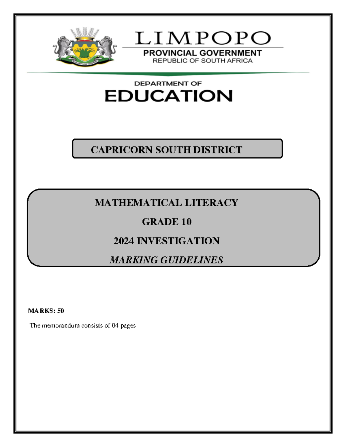 Grade 10 Mathematical Literacy Investigation: Term 1 2024 Guidelines ...