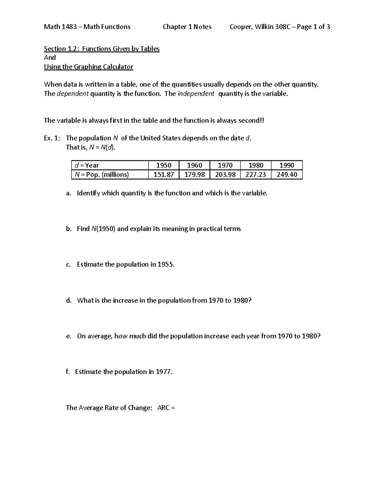 Math 1483 Functions Chapter 1 Notes: Tables & Graphing Calculator - Studocu