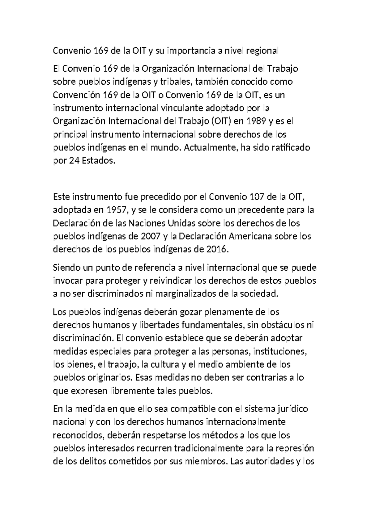 Apuntes sobre el Convenio 169 de la OIT y su Impacto Regional - Studocu