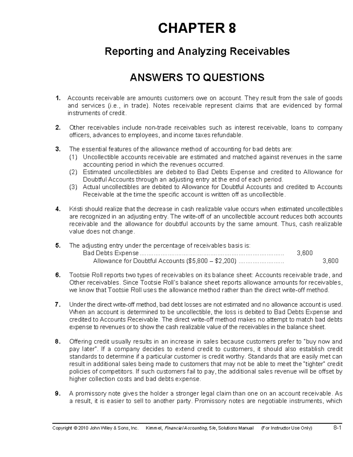 Chapter 8. Reporting and Analyzing Receivables Answers TO Questions ...