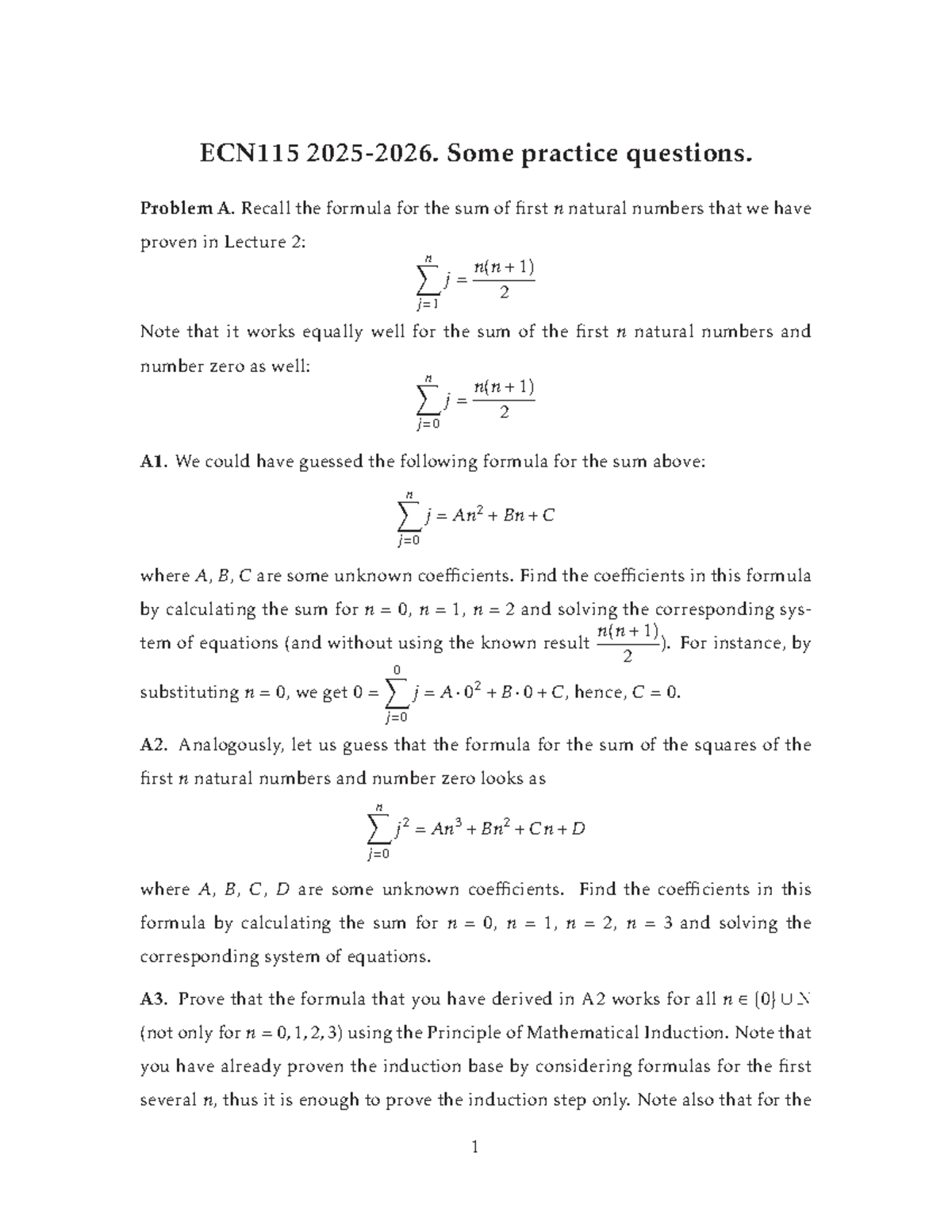 ECN115 Practice Questions on Sums, Sets, and Limits - Studocu