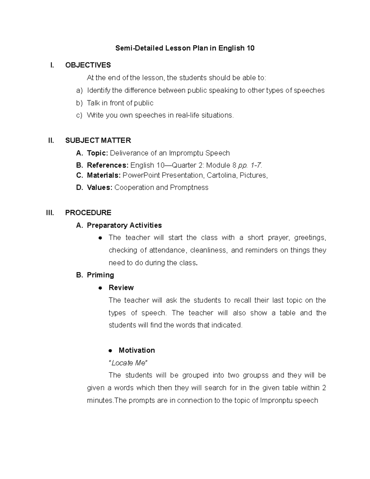 Semi-Detailed Lesson Plan: Impromptu Speech (English 10) - Studocu