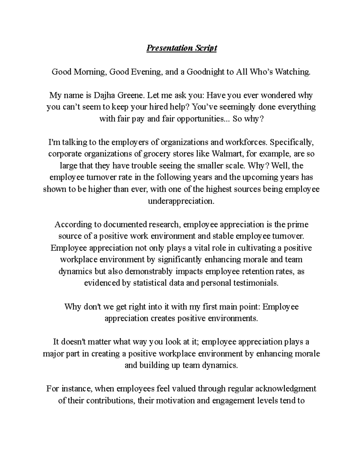 Employee appreciation and retention strategies: A presentation script ...