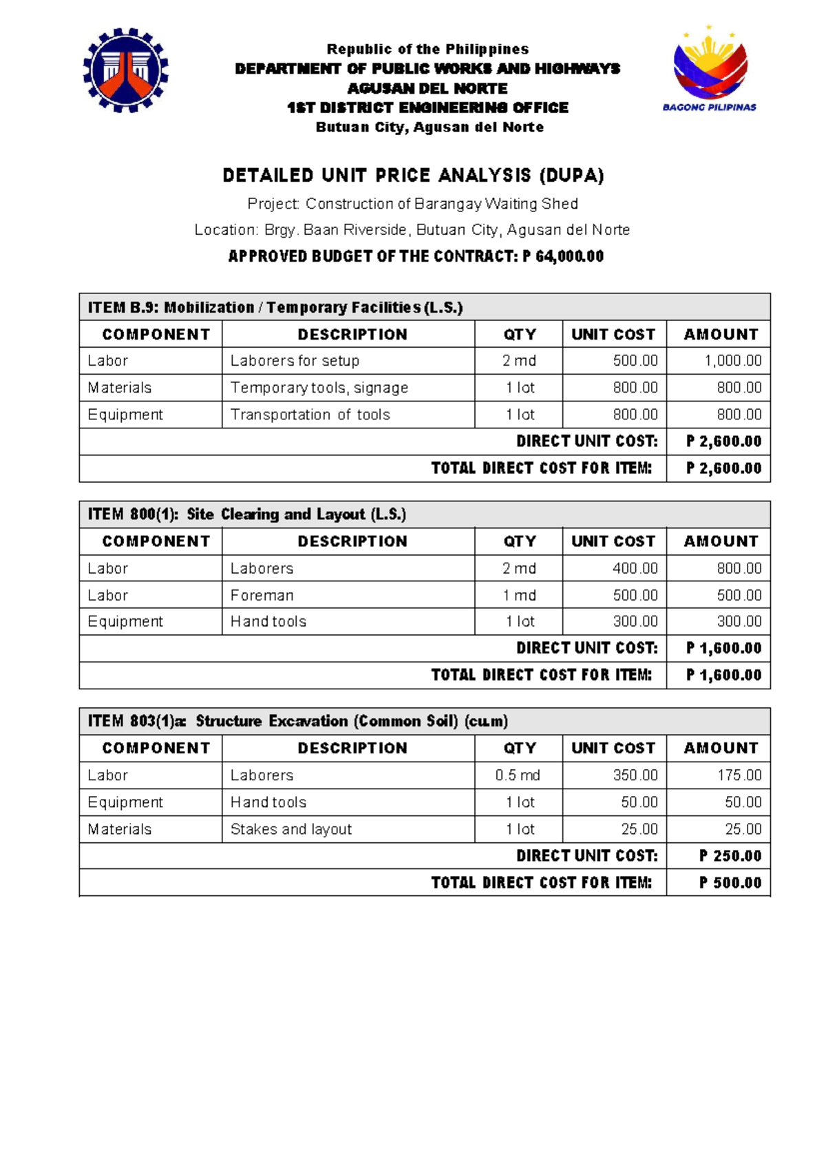 DUPA1 - Detailed Unit Price Analysis for Barangay Waiting Shed ...