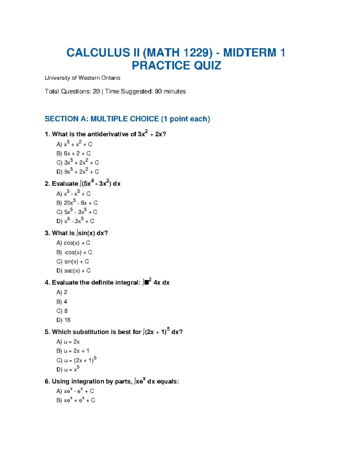 MATH 1229 CALCULUS II MIDTERM 1 PRACTICE QUIZ NOTES - Studocu
