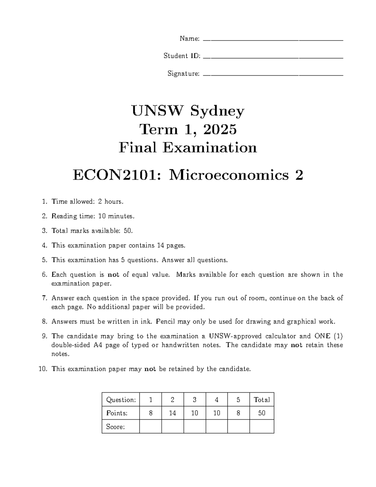 ECON2101 Final Exam Term 1, 2025: Microeconomics 2 Questions - Studocu