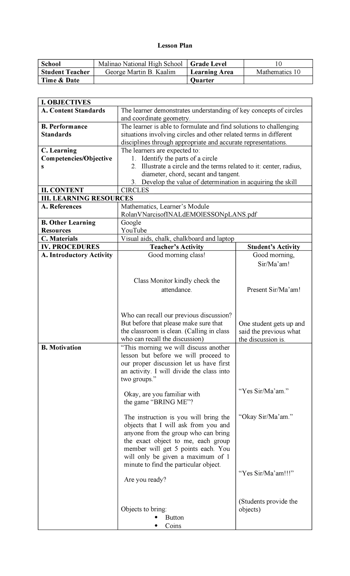 LP Grade 10 - Lesson Plan: Chords, Arcs, and Central Angles - Studocu