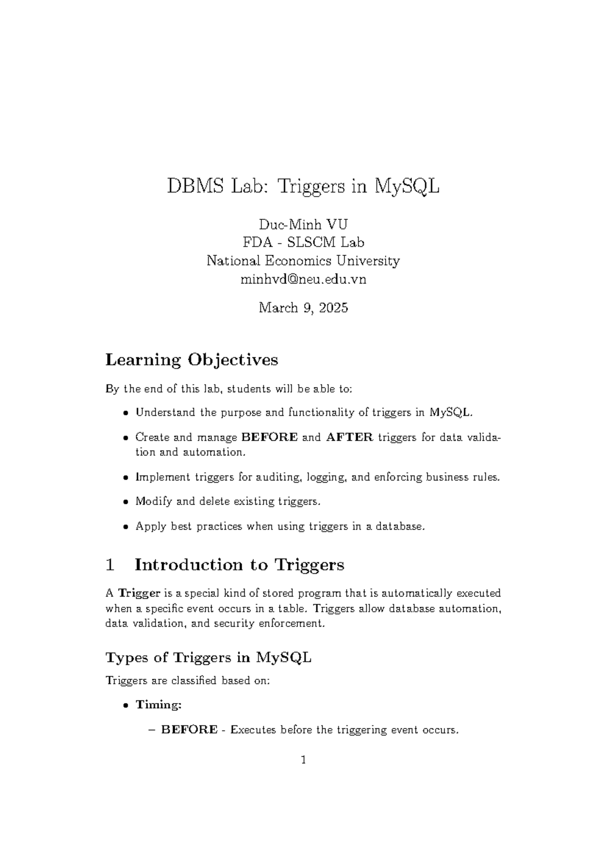 DBMS Lab: Understanding MySQL Triggers - VU FDA SLSCM - Studocu