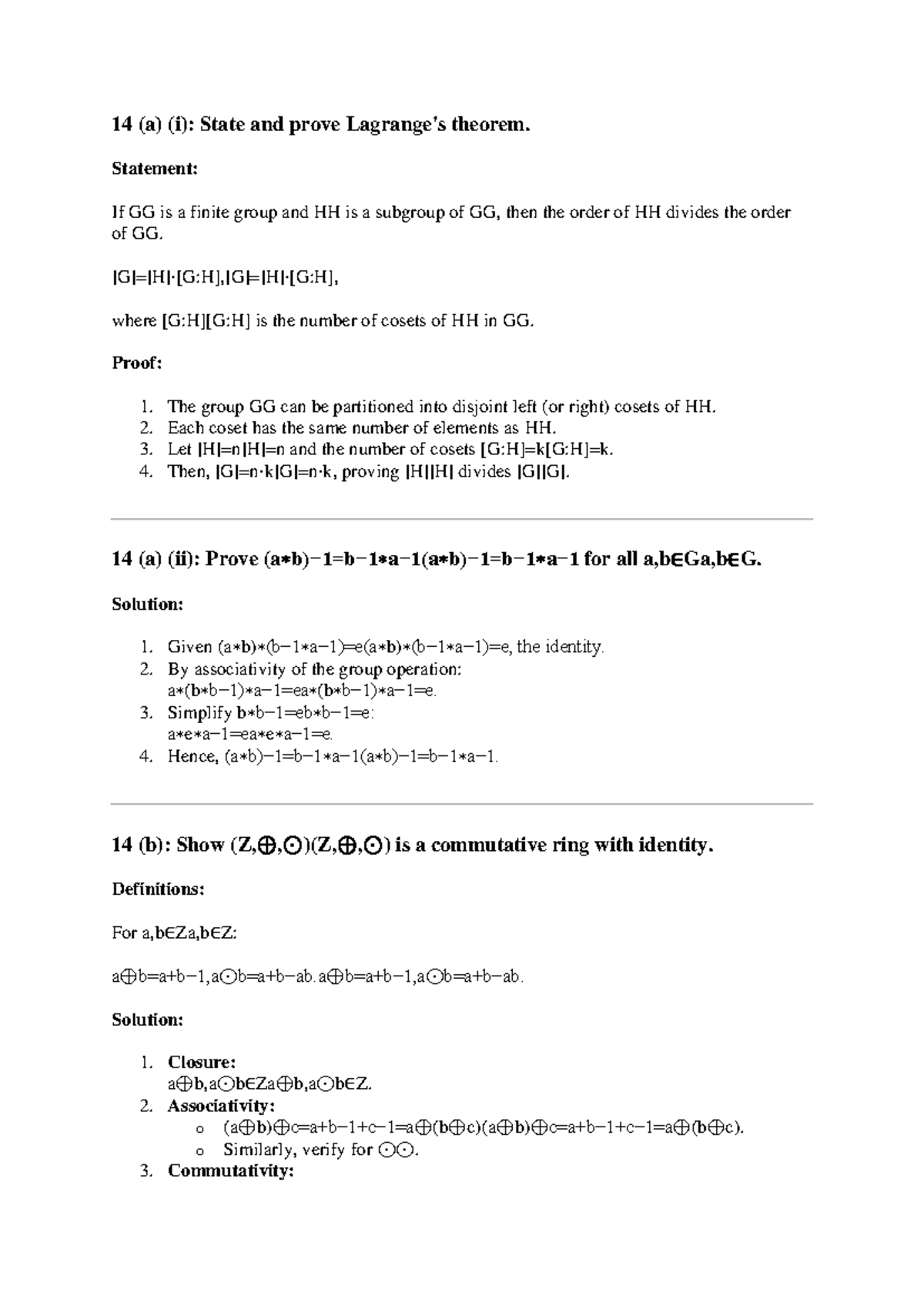 2023 nd - nnbvb - 14 (a) (i): State and prove Lagrange's theorem ...