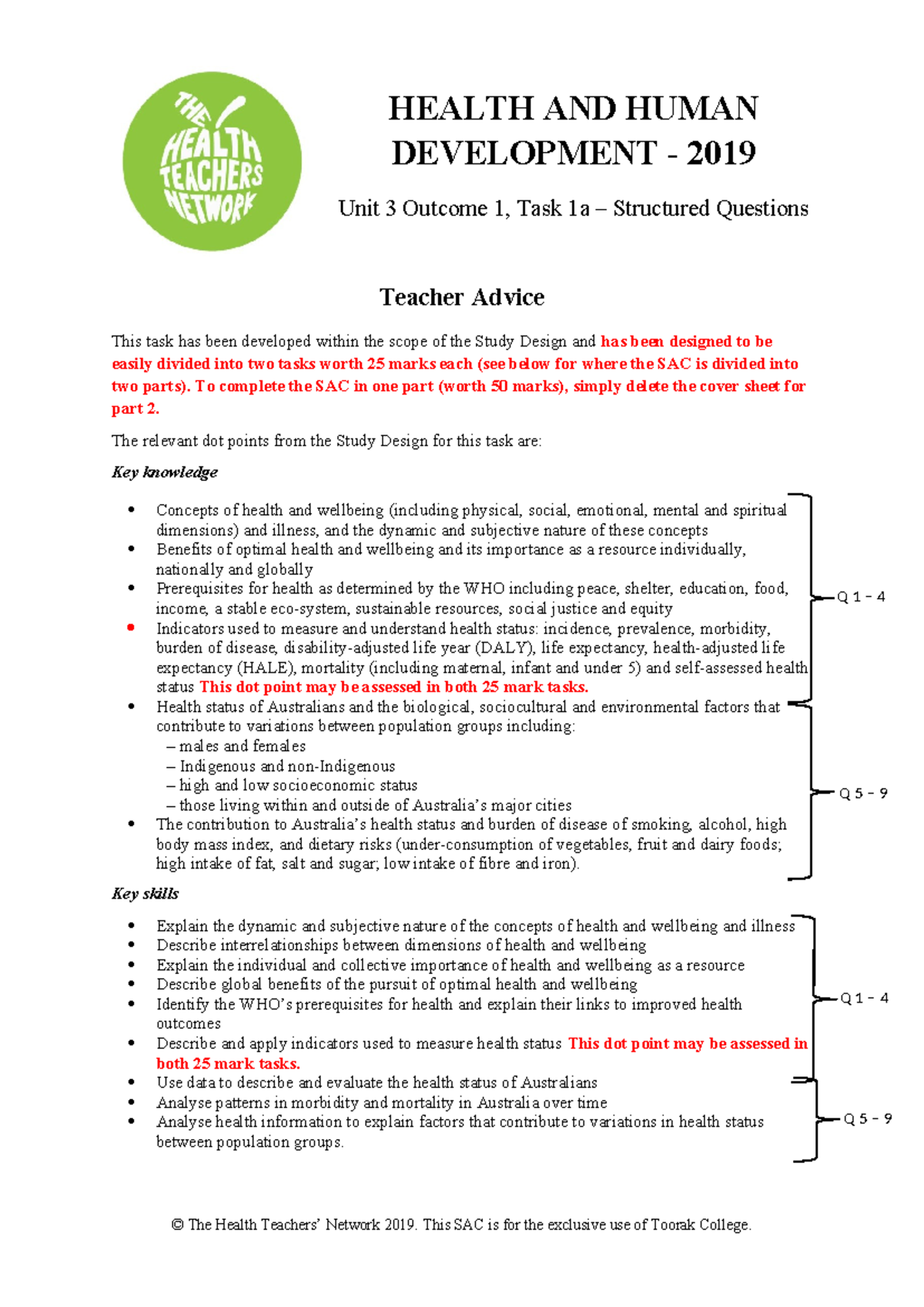HEALTH AND HUMAN DEVELOPMENT Unit 3 SAC 1a 2019 - Structured Questions ...