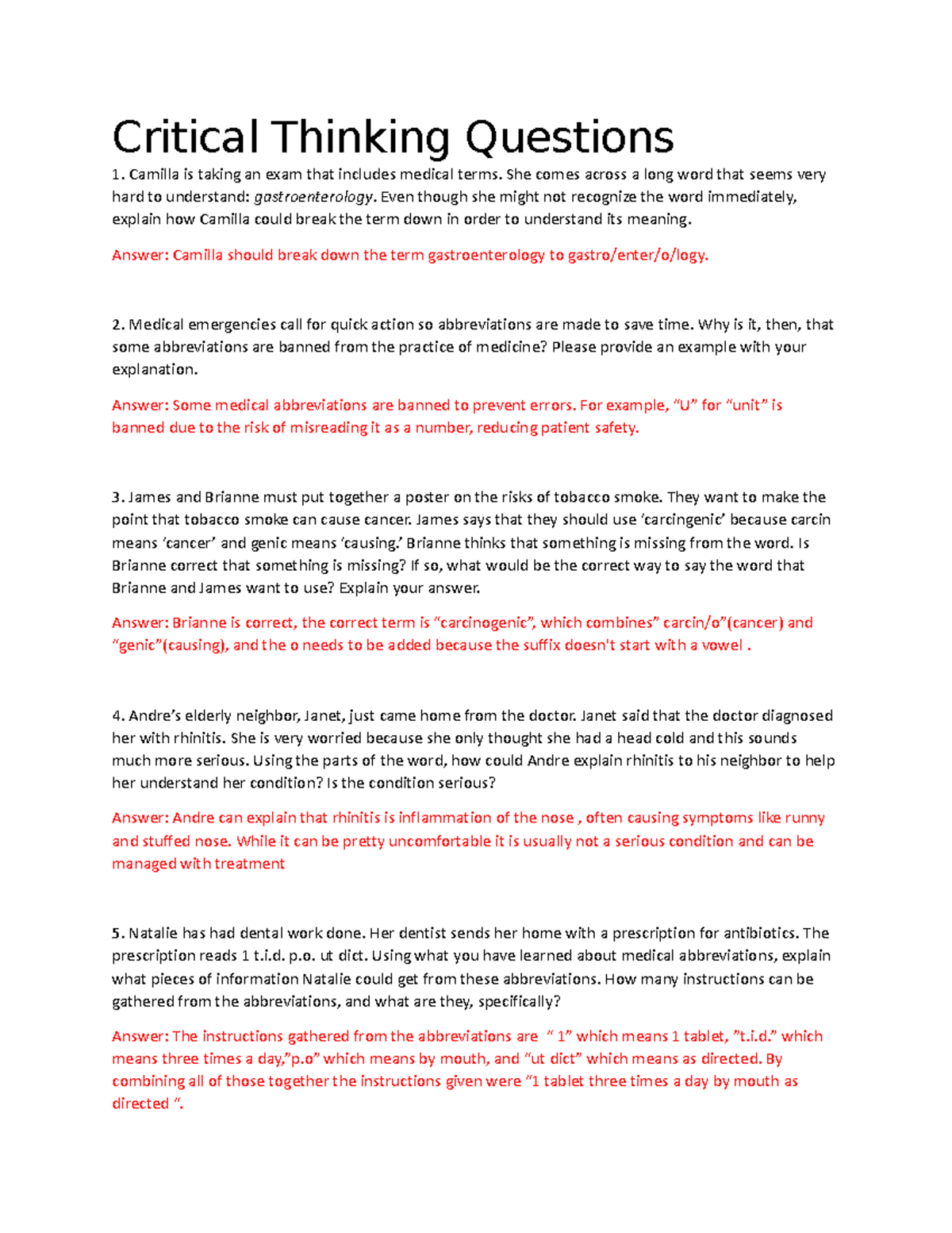 Unit 1 Critical Thinking Questions on Medical Terminology - Studocu