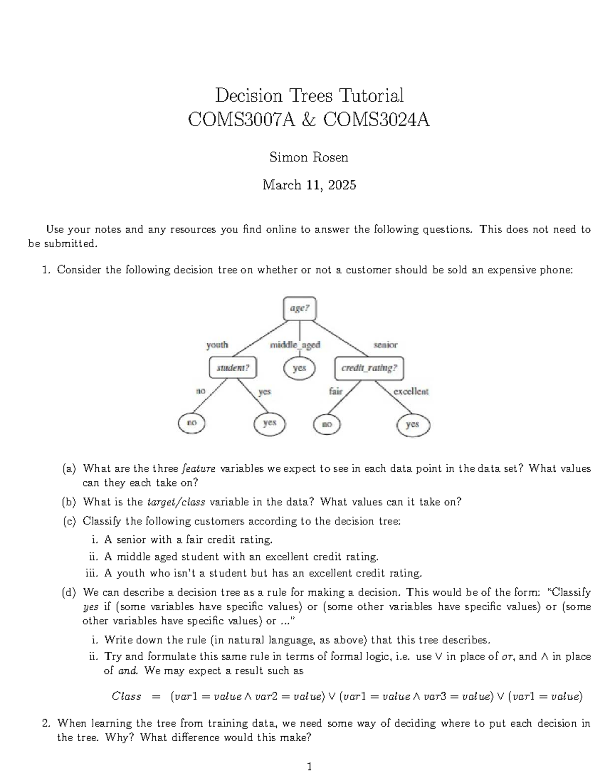 Decision Trees Tutorial COMS3007A COMS3024A - March 2025 - Studocu