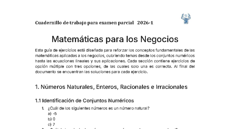 Matemáticas para los Negocios: Cuadernillo de Trabajo Parcial 2026-1
