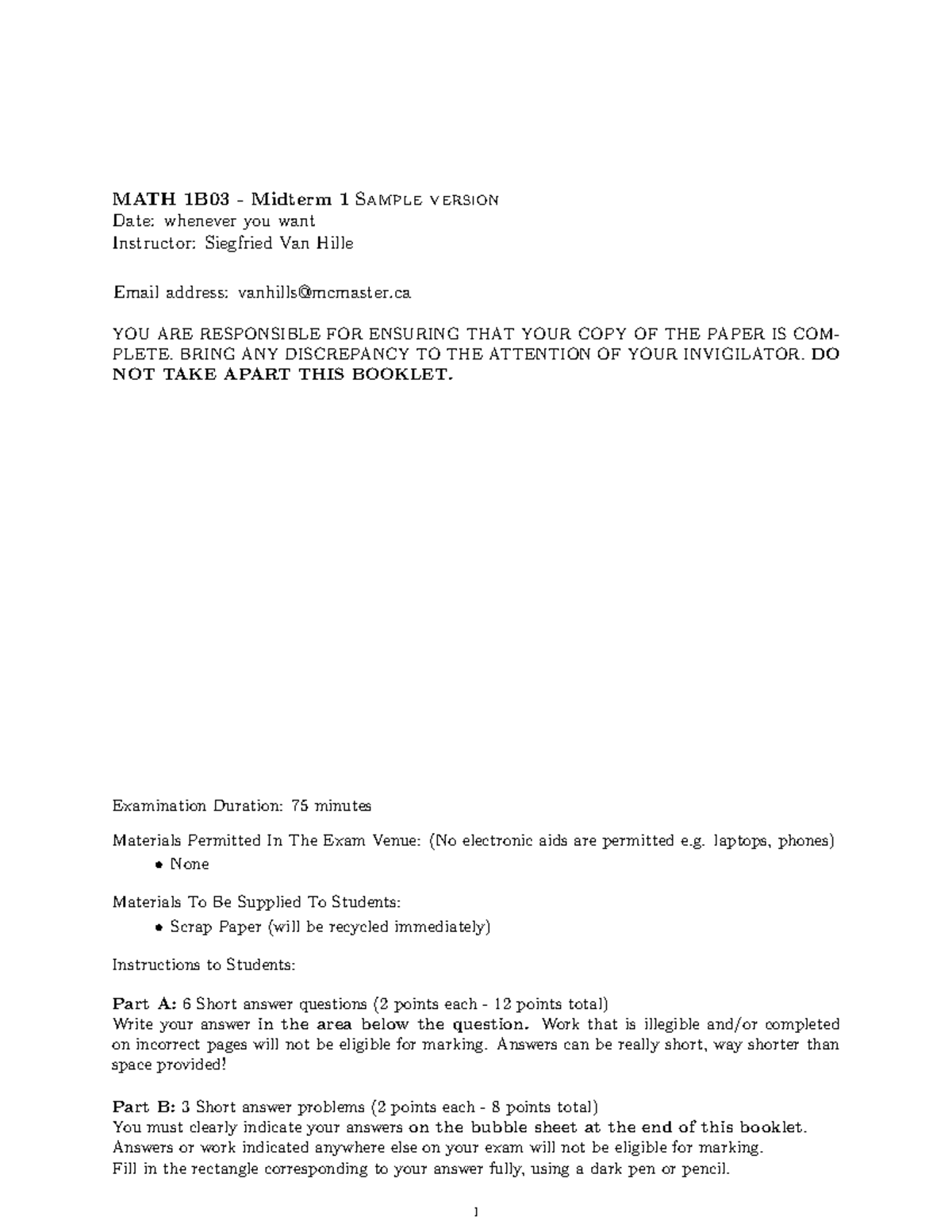 MATH 1B03 - Midterm 1 Sample Exam Questions and Instructions - Studocu