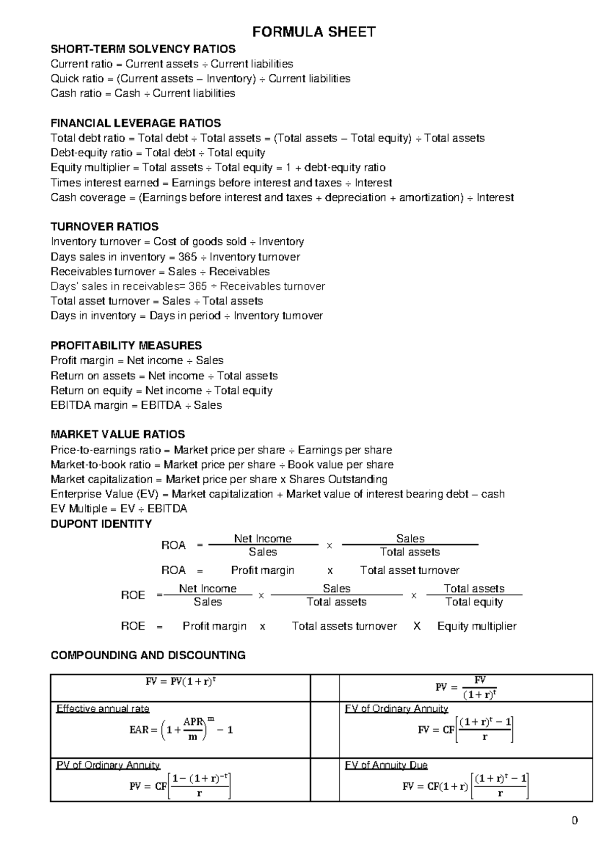 CF Formula- Sheet - 0 FORMULA SHEET SHORT-TERM SOLVENCY RATIOS Current ...