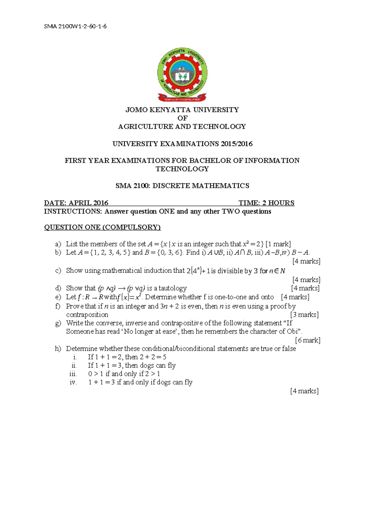 SMA 2100: Discrete Mathematics Exam Notes - April 2016 - Studocu