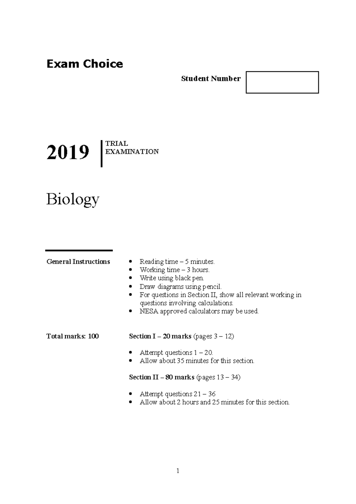 Biology 2019 Trial Exam Choice Instructions and Questions - Studocu