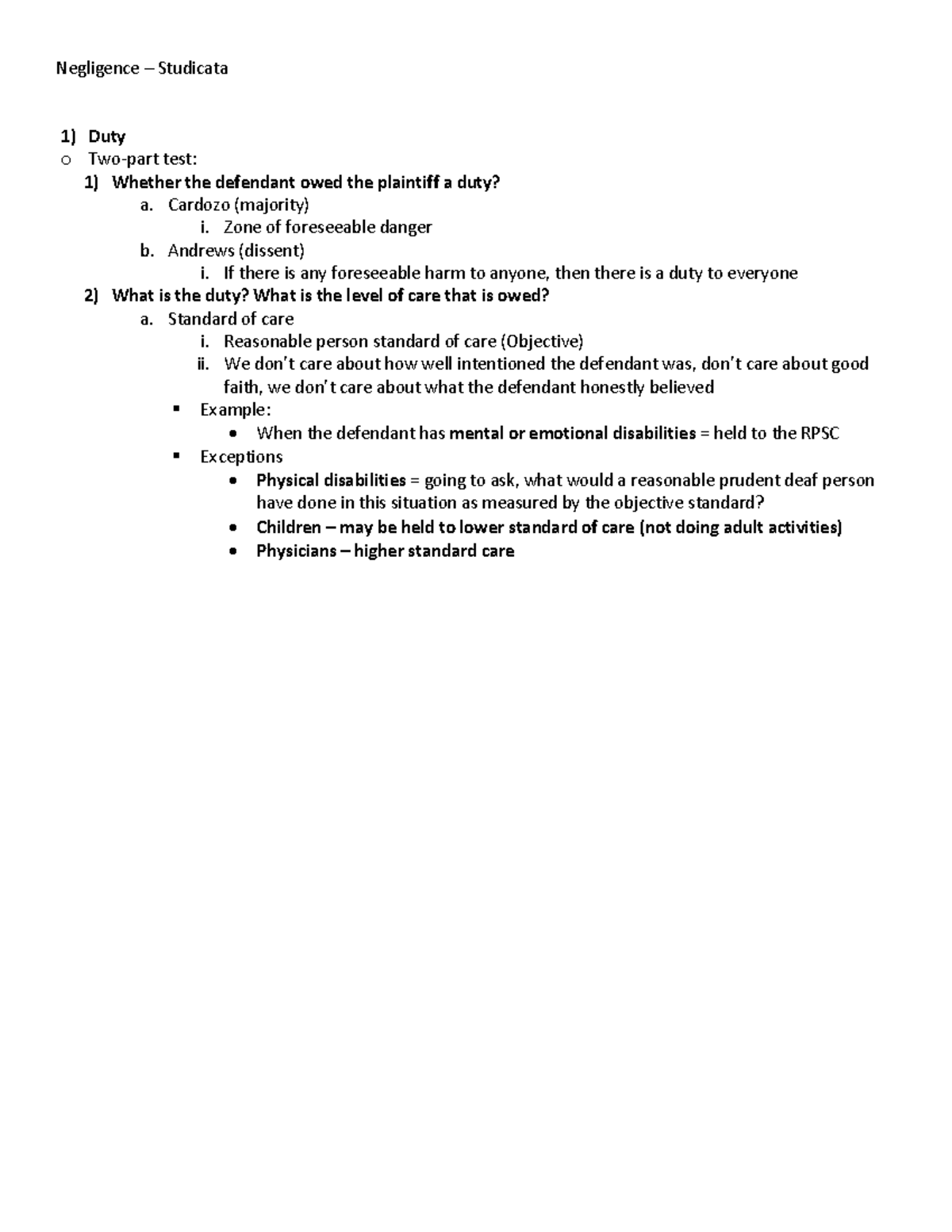 Negligence Torts Study Notes - Key Concepts & Cases Overview - Studocu