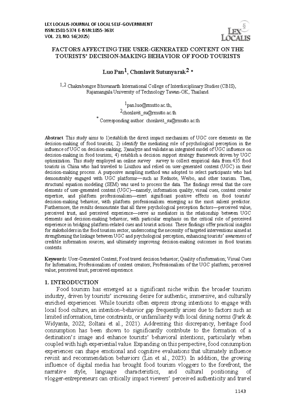 Factors Influencing Food Tourist Behavior: UGC Insights (LEX 23 S6 ...