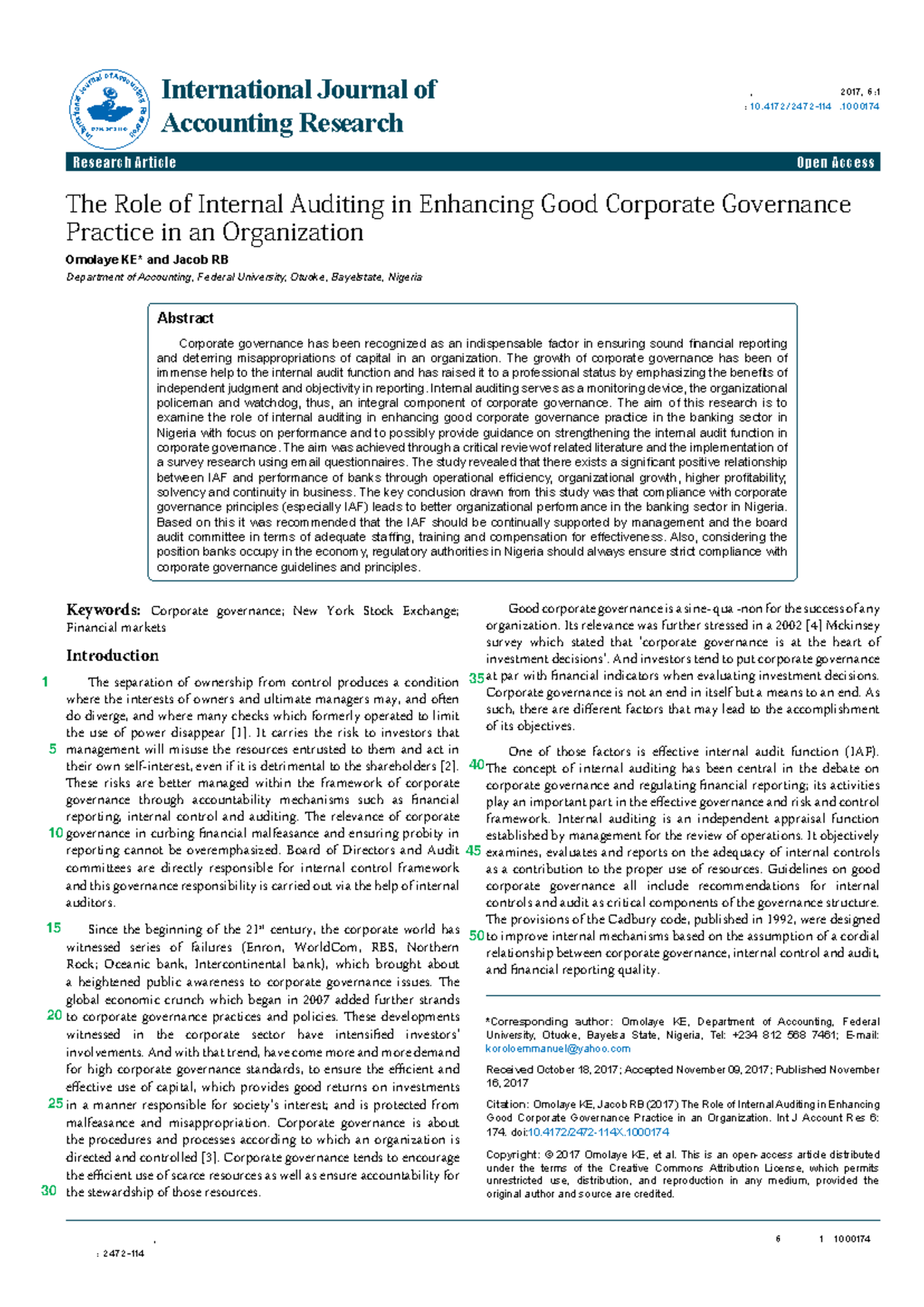 The Role of Internal Auditing in Enhancing Corporate Governance: A ...