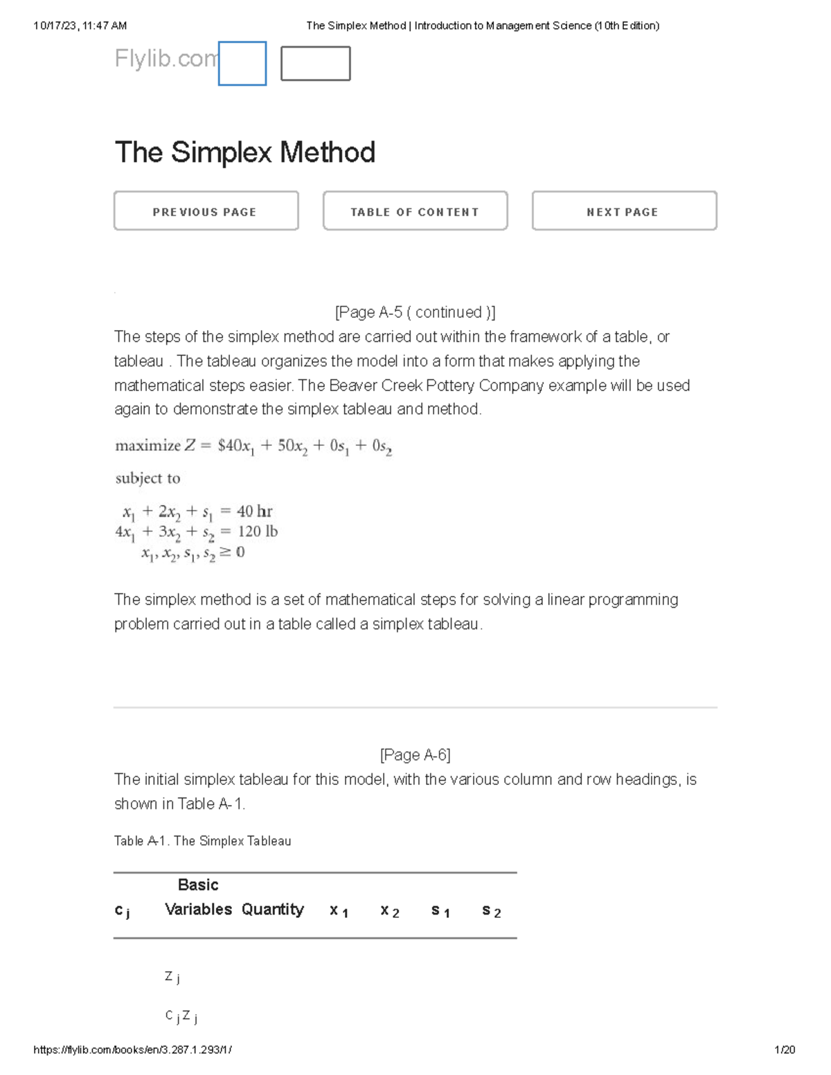The Simplex Method Introduction to Management Science (10th Edition ...