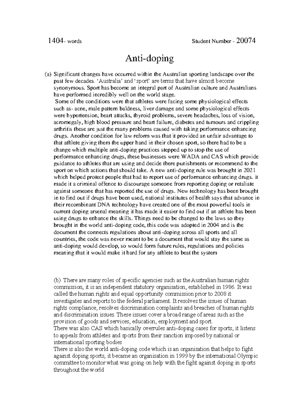 Legal Studies Assessment: Doping Law Reforms in Australian Sport - Studocu