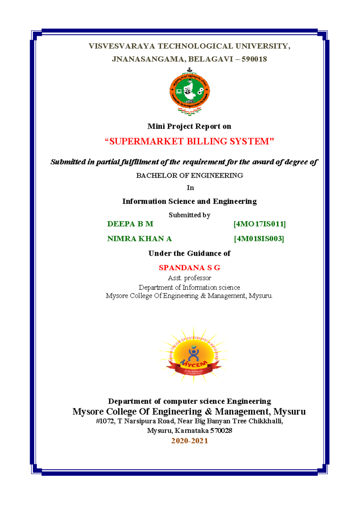 Mini Project Report on Supermarket Billing System (IS Engg) - Studocu