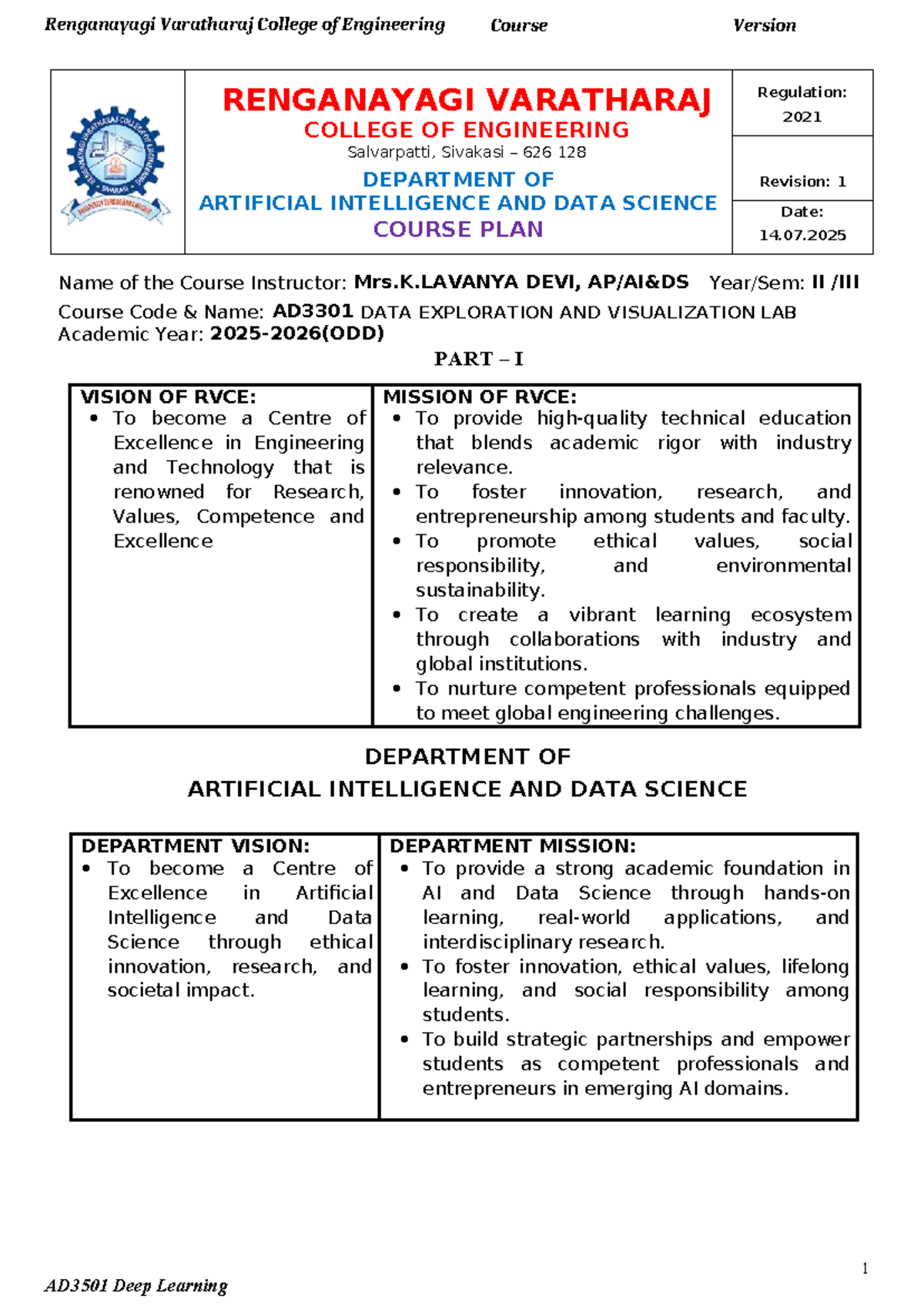 AD3301 Data Exploration and Visualization Course Plan - Studocu