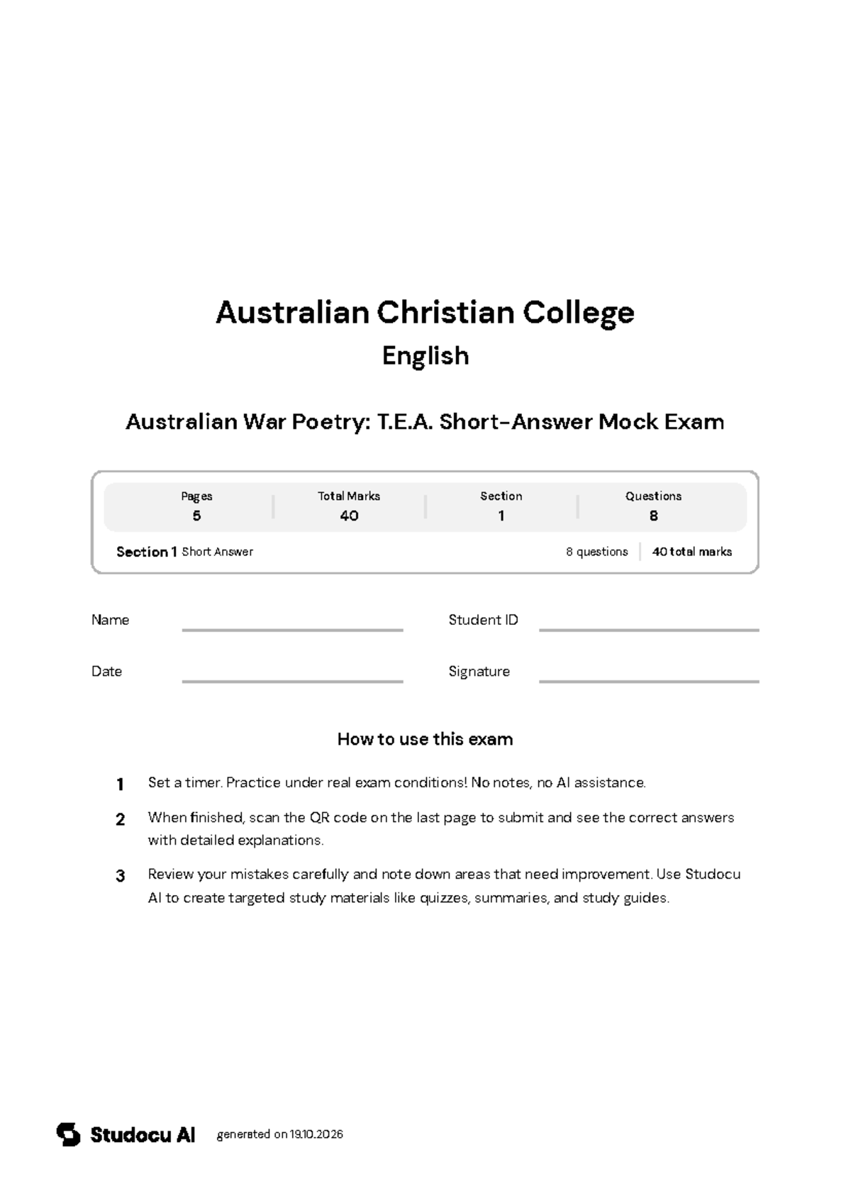Australian War Poetry: T.E.A. Short-Answer Mock Exam - Studocu