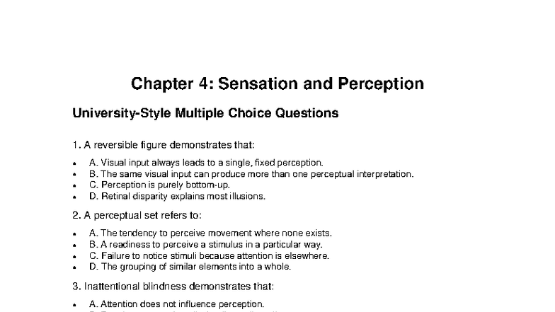 Chapter 4: Sensation and Perception MCQs for Study - Studocu