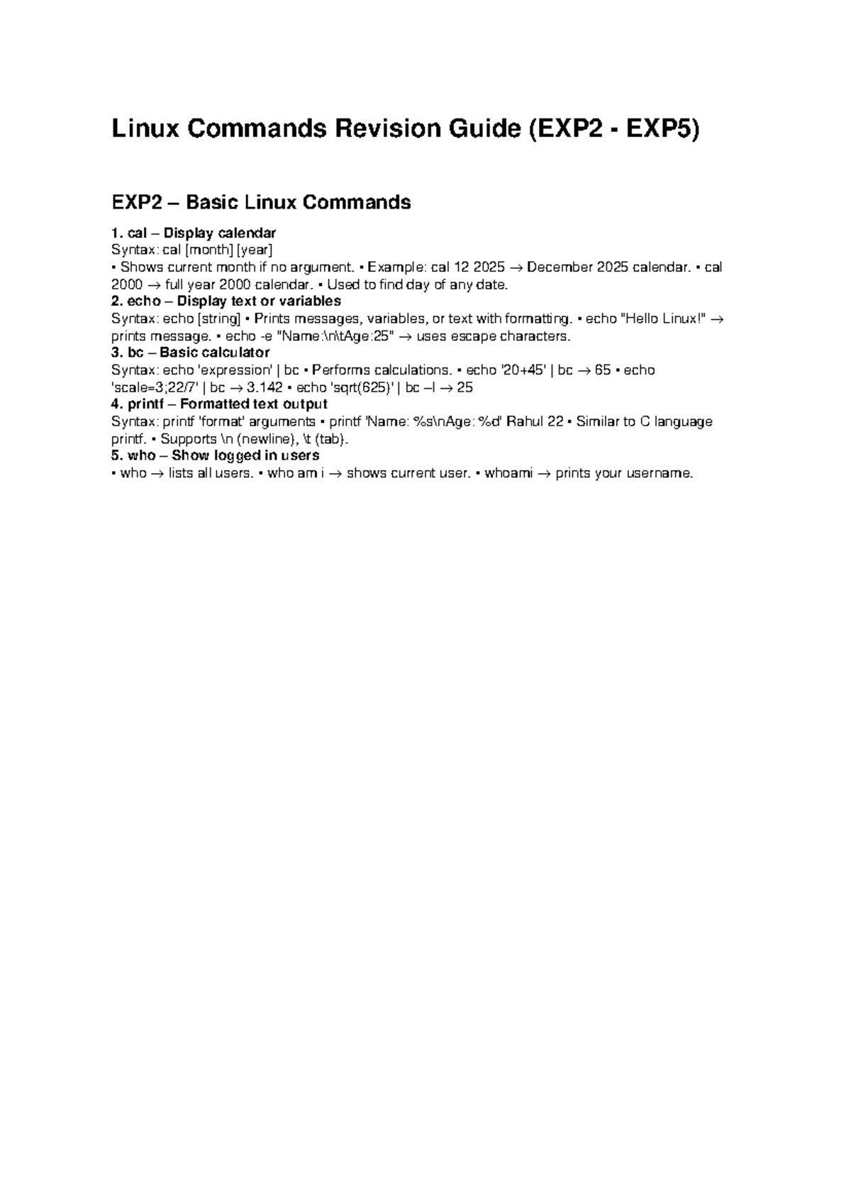Linux Commands Revision Guide (EXP2 EXP5) - Studocu