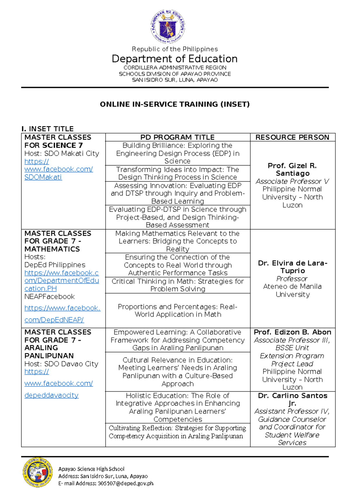 INSET Proposal 2024-2025: Master Classes for Grade 7 Subjects - Studocu