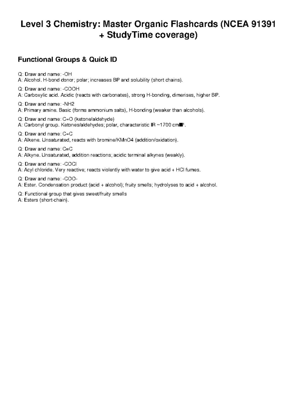 Level 3 Chemistry: Organic Functional Groups Flashcards (NCEA 91391 ...