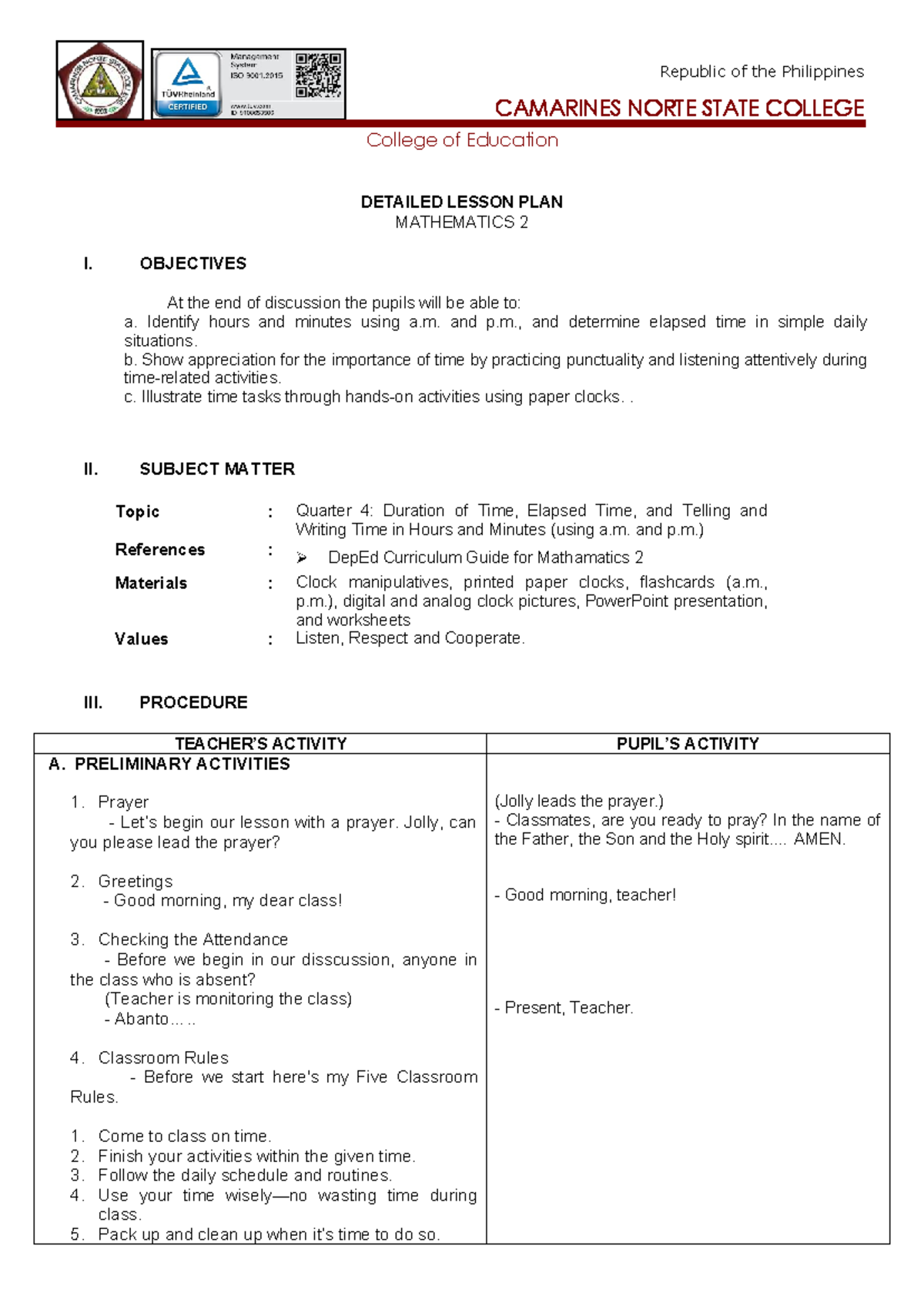 MATH 2 Detailed Lesson Plan: Telling Time & Elapsed Time Activities ...