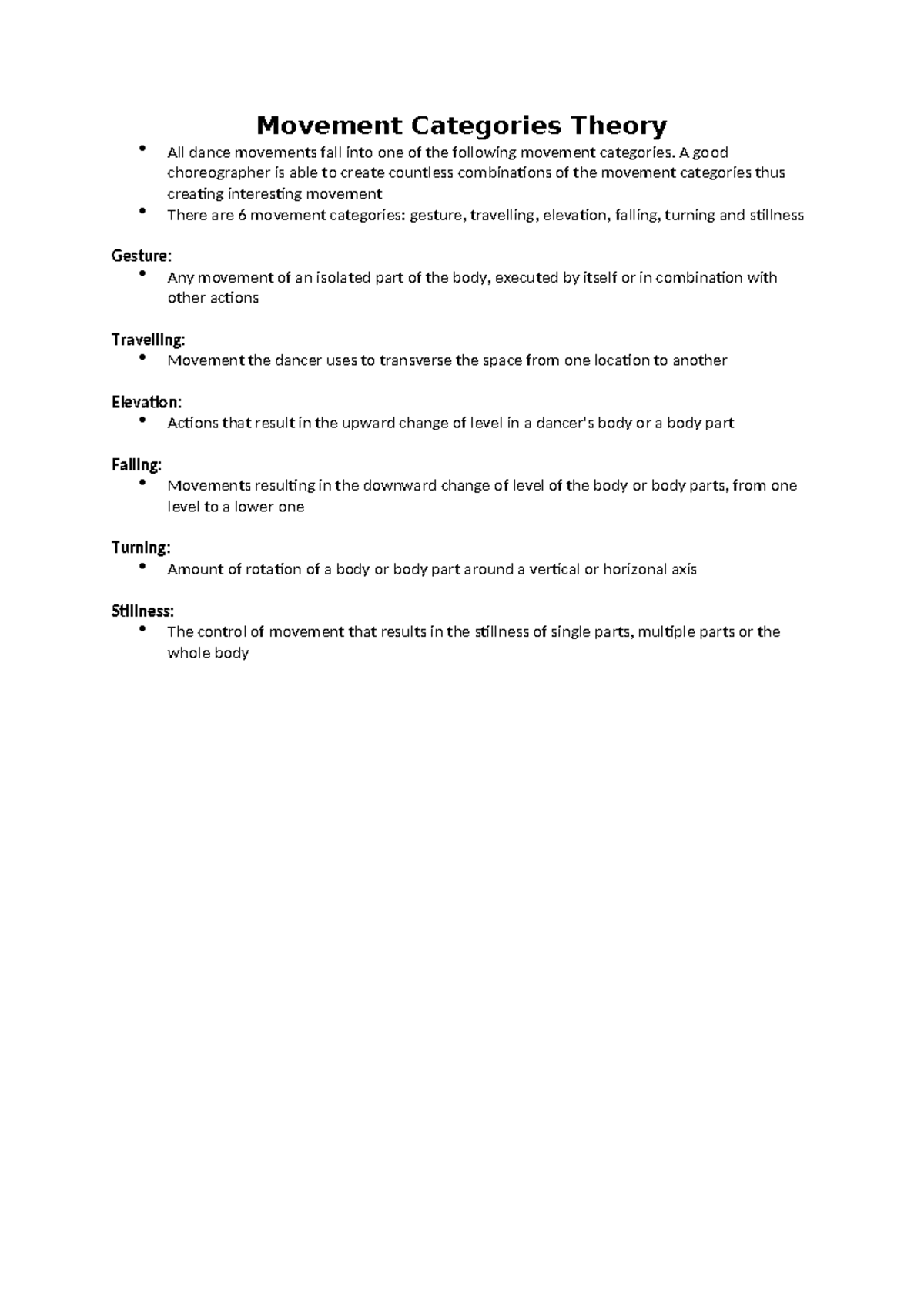 Dance Movement Categories - Theory Overview - Studocu