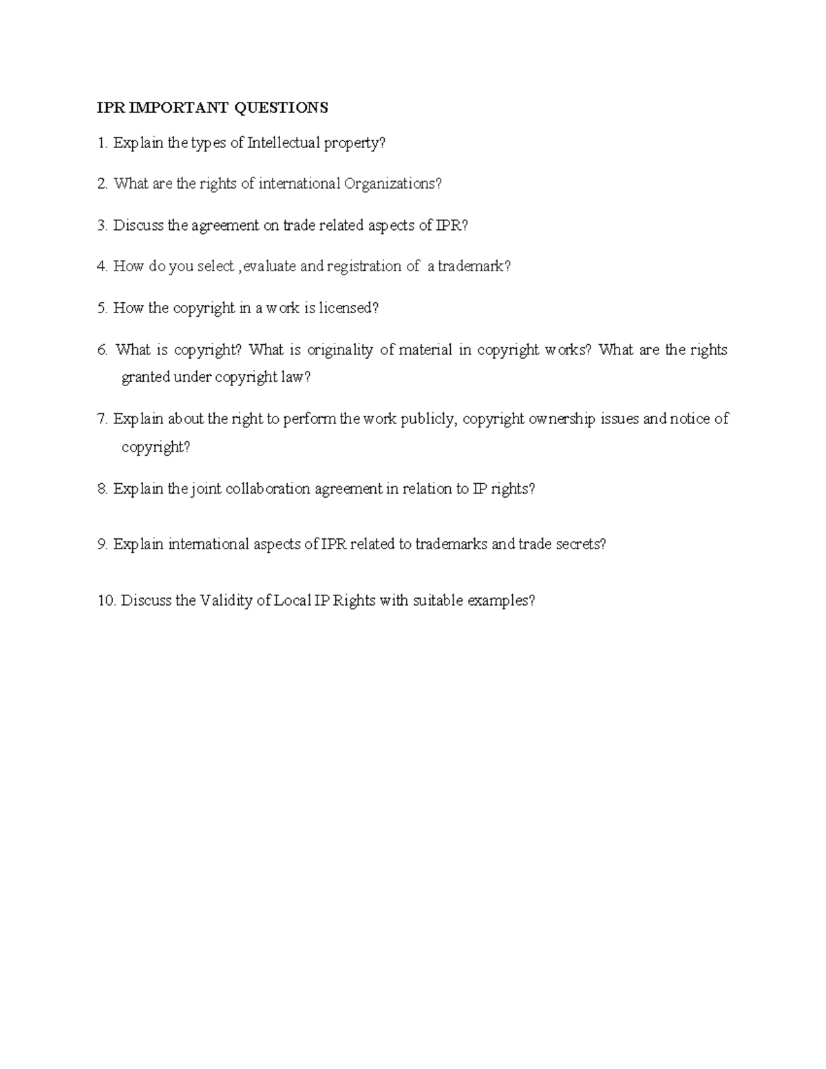 IPR IMP QS - Important Questions on Intellectual Property Rights - Studocu