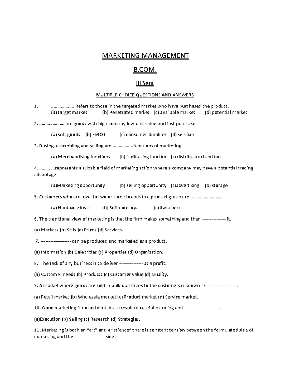 3 Sem B.COM. Marketing Management: MCQ Study Guide - Studocu
