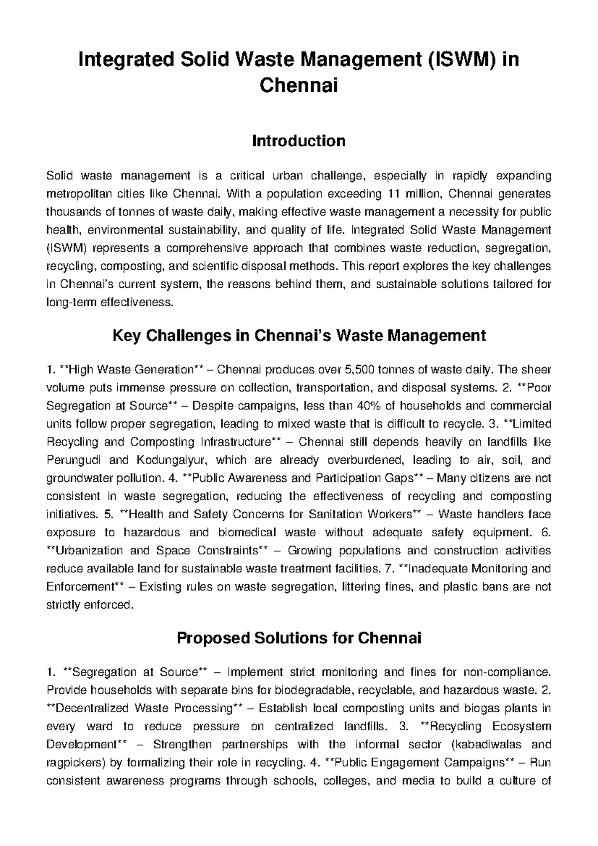 Final Report on Integrated Solid Waste Management (ISWM) in Chennai ...