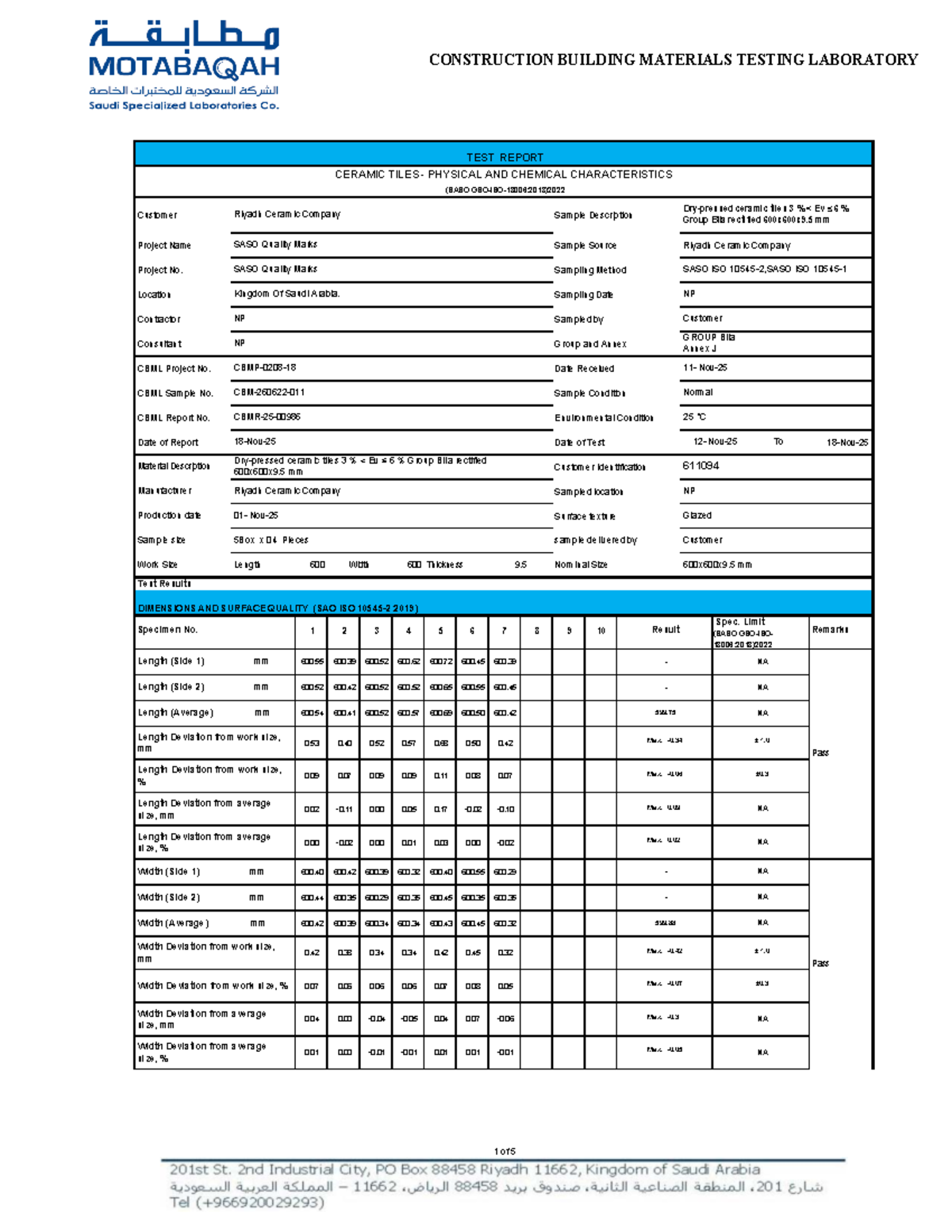 CBML Test Report: Physical & Chemical Properties of Ceramic Tiles (SASO ...