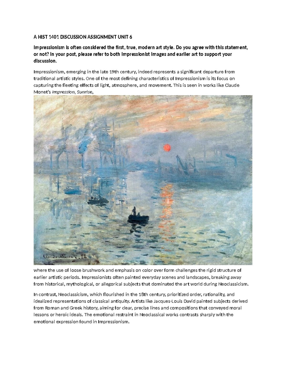 HIST 1401 Discussion Assignment: Analysis of Impressionism vs ...