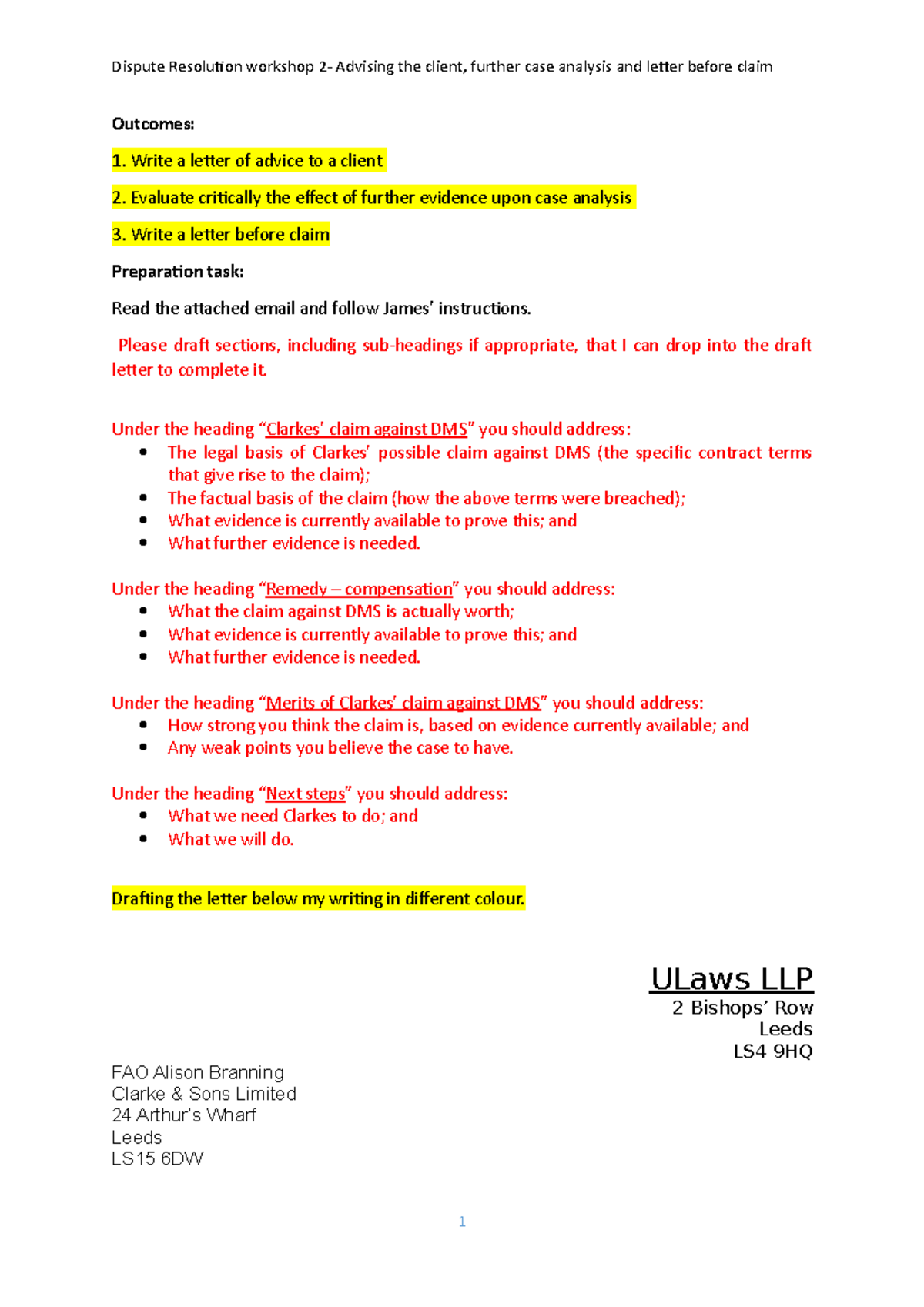 Workshop 2- Advising the client, further case analysis, letter before ...
