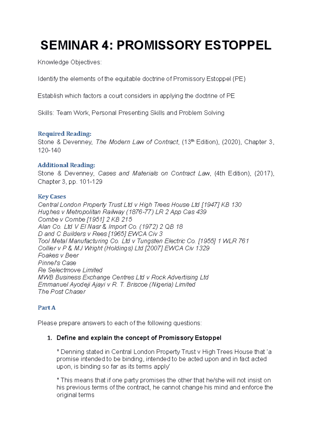 Seminar 4 - Promissory Estoppel: Key Concepts and Student Q&A - Studocu
